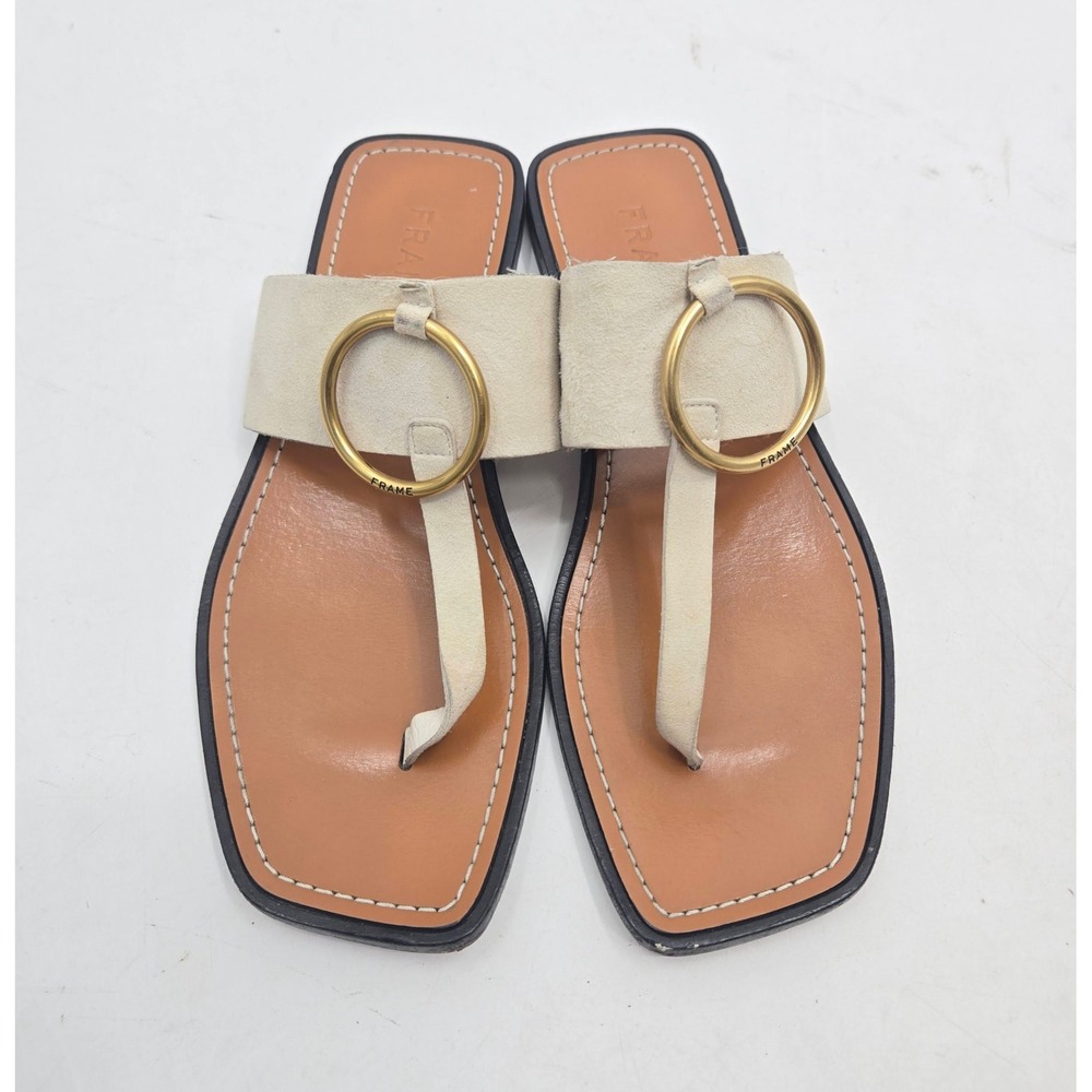 Frame Le Brentwood Ring Thong Sandals Cream Suede Leather Square Toe Slides 38.5